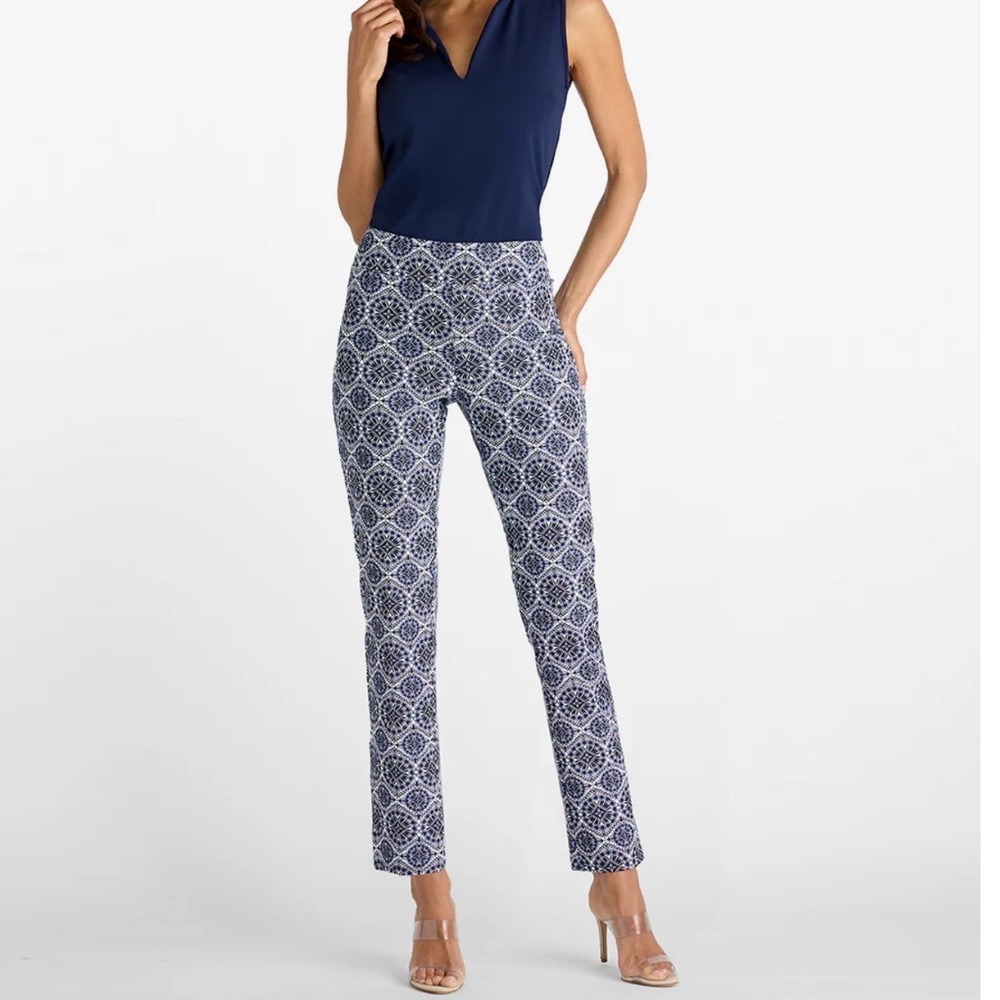 Jude Connally Lucia Pant Jude Cloth Navy White Geometric Medallion Slim Women Sm